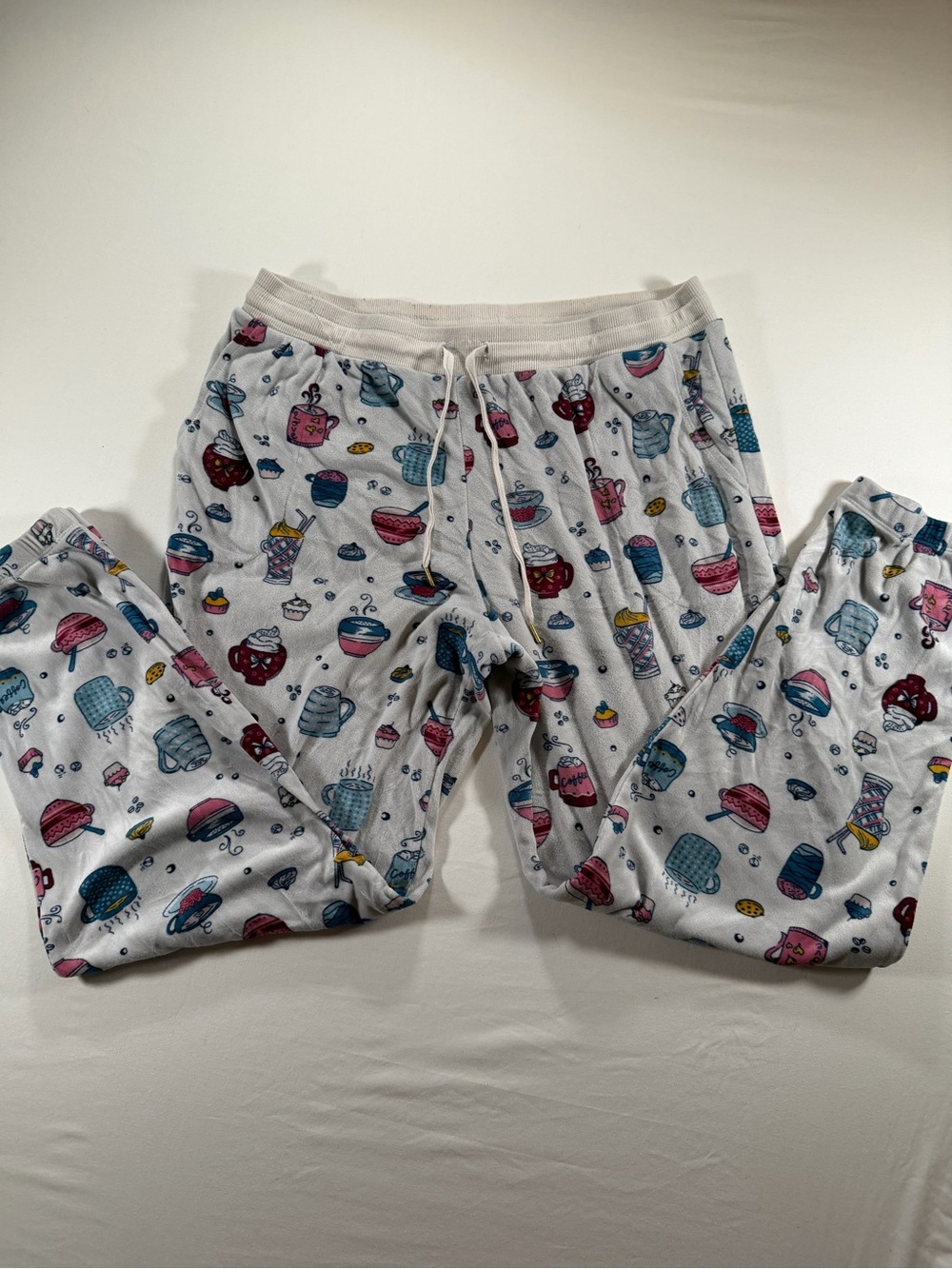 Secret Treasures White Pajama Pants with Colorful Cup & Treat Print
